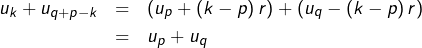 \begin{eqnarray*}u_{k}+u_{q+p-k} & = & \left(u_{p}+\left(k-p\right)r\right)+\left(u_{q}-\left(k-p\right)r\right)\\& = & u_{p}+u_{q}\end{eqnarray*}