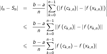 \begin{eqnarray*}\left|I_{n}-S_{n}\right| & = & \frac{b-a}{n}\left|\sum_{k=0}^{n-1}\left(\left|f\left(c_{k,n}\right)\right|-\left|f\left(x_{k,n}\right)\right|\right)\right|\\& \leqslant & \frac{b-a}{n}\sum_{k=0}^{n-1}\left|\left|f\left(c_{k,n}\right)\right|-\left|f\left(x_{k,n}\right)\right|\right|\\& \leqslant & \frac{b-a}{n}\sum_{k=0}^{n-1}\left|f\left(c_{k,n}\right)-f\left(x_{k,n}\right)\right| \end{eqnarray*}