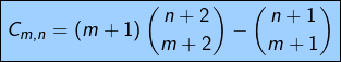 \[\boxed{C_{m,n}=\left(m+1\right)\binom{n+2}{m+2}-\binom{n+1}{m+1}}\]