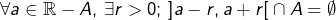 \[\forall a\in\mathbb{R}-A,\thinspace\exists r>0;\thinspace\left]a-r,a+r\right[\cap A=\emptyset\]