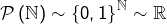 \mathcal{P}\left(\mathbb{N}\right)\sim\left\{ 0,1\right\} ^{\mathbb{N}}\sim\mathbb{R}