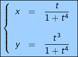 \[\boxed{\left\{ \begin{array}{ccc}x & = & {\displaystyle \frac{t}{1+t^{4}}}\\\\y & = & {\displaystyle \frac{t^{3}}{1+t^{4}}}\end{array}\right.}\]