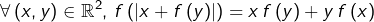 \[\forall\left(x,y\right)\in\mathbb{R}^{2},\thinspace f\left(\left|x+f\left(y\right)\right|\right)=x\thinspace f\left(y\right)+y\thinspace f\left(x\right)\]