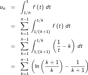 \begin{eqnarray*}u_{n} & = & \int_{1/n}^{1}\,f\left(t\right)\,dt\\& = & \sum_{k=1}^{n-1}\,\int_{1/\left(k+1\right)}^{1/k}\,f\left(t\right)\,dt\\& = & \sum_{k=1}^{n-1}\,\int_{1/\left(k+1\right)}^{1/k}\,\left(\frac{1}{t}-k\right)\,dt\\& = & \sum_{k=1}^{n-1}\,\left(\ln\left(\frac{k+1}{k}\right)-\frac{1}{k+1}\right)\end{eqnarray*}