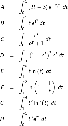\begin{eqnarray*}A & = & {\displaystyle \int_{0}^{1}\left(2t-3\right)e^{-t/2}\thinspace dt}\\B & = & \int_{0}^{1}t\thinspace e^{t^{2}}\thinspace dt\\C & = & {\displaystyle \int_{0}^{1}\frac{e^{t}}{e^{t}+1}\thinspace dt}\\D & = & \int_{-1}^{1}\left(1+e^{t}\right)^{3}e^{t}\thinspace dt\\E & = & {\displaystyle \int_{1}^{e}t\ln\left(t\right)\thinspace dt}\\F & = & {\displaystyle \int_{1}^{2}\ln\left(1+\frac{1}{t}\right)\,dt}\\G & = & {\displaystyle \int_{1}^{e}t^{2}\ln^{3}\left(t\right)\,dt}\\H & = & {\displaystyle \int_{0}^{1}t^{3}e^{t^{2}}\thinspace dt}\end{eqnarray*}