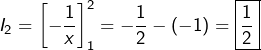 \[I_{2}=\left[-\frac{1}{x}\right]_{1}^{2}=-\frac{1}{2}-\left(-1\right)=\boxed{\frac{1}{2}}\]