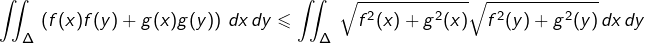 \[\iint_{\Delta}\thinspace\left(f(x)f(y)+g(x)g(y)\right)\thinspace dx\thinspace dy\leqslant\iint_{\Delta}\thinspace\sqrt{f^{2}(x)+g^{2}(x)}\sqrt{f^{2}(y)+g^{2}(y)}\thinspace dx\thinspace dy\]