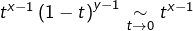 t^{x-1}\left(1-t\right)^{y-1}\underset{t\rightarrow{\scriptstyle 0}}{\sim}t^{x-1}