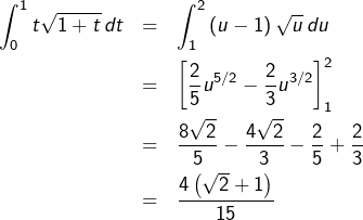 \begin{eqnarray*}\int_{0}^{1}t\sqrt{1+t}\thinspace dt & = & \int_{1}^{2}\left(u-1\right)\sqrt{u}\thinspace du\\& = & \left[\frac{2}{5}u^{5/2}-\frac{2}{3}u^{3/2}\right]_{1}^{2}\\& = & \frac{8\sqrt{2}}{5}-\frac{4\sqrt{2}}{3}-\frac{2}{5}+\frac{2}{3}\\& = & \frac{4\left(\sqrt{2}+1\right)}{15}\end{eqnarray*}