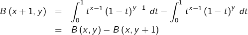 \begin{eqnarray*}B\left(x+1,y\right) & = & \int_{0}^{1}t^{x-1}\left(1-t\right)^{y-1}\thinspace dt-\int_{0}^{1}t^{x-1}\left(1-t\right)^{y}\thinspace dt\\& = & B\left(x,y\right)-B\left(x,y+1\right)\end{eqnarray*}