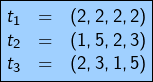 \[\boxed{\begin{matrix}t_1&=&\left(2,2,2,2\right)\\t_2&=&\left(1,5,2,3\right)\\t_3&=&\left(2,3,1,5\right)\end{matrix}}\]