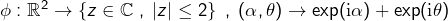 \phi: \mathbb{R}^2 \to \left\{z \in \mathbb{C} \;,\; |z| \leq 2 \right\} \;,\; (\alpha, \theta) \to \exp(\text{i}\alpha) + \exp(\text{i}\theta)