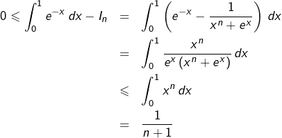 \begin{eqnarray*}0\leqslant\int_{0}^{1}e^{-x}\thinspace dx-I_{n} & = & \int_{0}^{1}\left(e^{-x}-\frac{1}{x^{n}+e^{x}}\right)\thinspace dx\\ & = & \int_{0}^{1}\frac{x^{n}}{e^{x}\left(x^{n}+e^{x}\right)}\thinspace dx\\ & \leqslant & \int_{0}^{1}x^{n}\thinspace dx\\ & = & \frac{1}{n+1}\end{eqnarray*}