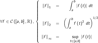 \[\forall f\in\mathcal{C}\left(\left[a,b\right],\mathbb{R}\right),\thinspace\left\{ \begin{array}{ccc} \left\Vert f\right\Vert_{1} & = & {\displaystyle \int_{a}^{b}\left|f\left(t\right)\right|\thinspace dt}\\\\\left\Vert f\right\Vert_{2} & = & {\displaystyle \left(\int_{a}^{b}f\left(t\right)^{2}\thinspace dt\right)^{1/2}}\\\\\left\Vert f\right\Vert_{\infty} & = & {\displaystyle \sup_{t\in\left[a,b\right]}\left|f\left(t\right)\right|}\end{array}\right.\]