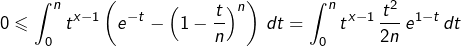 \[0\leqslant\int_{0}^{n}t^{x-1}\left(e^{-t}-\left(1-\dfrac{t}{n}\right)^{n}\right)\thinspace dt=\int_{0}^{n}t^{x-1}\thinspace\dfrac{t^{2}}{2n}\thinspace e^{1-t}\thinspace dt\]