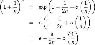 \begin{eqnarray*}\left(1+\frac{1}{n}\right)^{n} & = & \exp\left(1-\frac{1}{2n}+o\left(\frac{1}{n}\right)\right)\\ & = & e\left(1-\frac{1}{2n}+o\left(\frac{1}{n}\right)\right)\\ & = & e-\frac{e}{2n}+o\left(\frac{1}{n}\right) \end{eqnarray*}