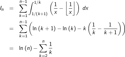 \begin{eqnarray*}I_{n} & = & \sum_{k=1}^{n-1}\int_{1/(k+1)}^{1/k}\left(\dfrac{1}{x}-\left\lfloor \dfrac{1}{x}\right\rfloor \right)\thinspace dx\\& = & \sum_{k=1}^{n-1}\left(\ln\left(k+1\right)-\ln\left(k\right)-k\left(\dfrac{1}{k}-\dfrac{1}{k+1}\right)\right)\\& = & \ln\left(n\right)-\sum_{k=2}^{n}\dfrac{1}{k}\end{eqnarray*}