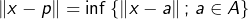 \[\left\Vert x-p\right\Vert =\inf\left\{ \left\Vert x-a\right\Vert ;\thinspace a\in A\right\}\]