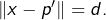 \left\Vert x-p'\right\Vert =d.