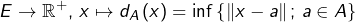 \[E\rightarrow\mathbb{R}^{+},\thinspace x\mapsto d_{A}\left(x\right)=\inf\left\{ \left\Vert x-a\right\Vert ;\thinspace a\in A\right\}\]