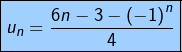 \[\boxed{u_{n}=\frac{6n-3-\left(-1\right)^{n}}{4}}\]