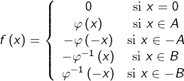 \[f\left(x\right)=\left\{ \begin{array}{cc}0 & \text{si }x=0\\\varphi\left(x\right) & \text{si }x\in A\\-\varphi\left(-x\right) & \text{si }x\in-A\\-\varphi^{-1}\left(x\right) & \text{si }x\in B\\\varphi^{-1}\left(-x\right) & \text{si }x\in-B\end{array}\right.\]