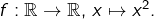 f:\mathbb{R}\rightarrow\mathbb{R},\thinspace x\mapsto x^{2}.