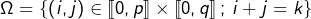 \[\Omega=\left\{ \left(i,j\right)\in\left\llbracket 0,p\right\rrbracket \times\left\llbracket 0,q\right\rrbracket ;\thinspace i+j=k\right\}\]