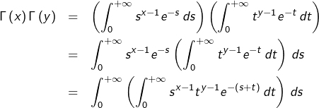 \begin{eqnarray*}\Gamma\left(x\right)\Gamma\left(y\right) & = & \left(\int_{0}^{+\infty}s^{x-1}e^{-s}\thinspace ds\right)\left(\int_{0}^{+\infty}t^{y-1}e^{-t}\thinspace dt\right)\\& = & \int_{0}^{+\infty}s^{x-1}e^{-s}\left(\int_{0}^{+\infty}t^{y-1}e^{-t}\thinspace dt\right)\thinspace ds\\& = & \int_{0}^{+\infty}\left(\int_{0}^{+\infty}s^{x-1}t^{y-1}e^{-(s+t)}\thinspace dt\right)\thinspace ds\end{eqnarray*}