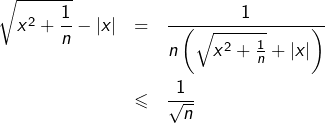 \begin{eqnarray*}\sqrt{x^{2}+\frac{1}{n}}-\left|x\right| & = & \frac{1}{n\left(\sqrt{x^{2}+\frac{1}{n}}+\left|x\right|\right)}\\& \leqslant & \frac{1}{\sqrt{n}}\end{eqnarray*}