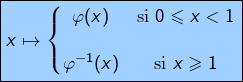 \[\boxed{x\mapsto\left\{\begin{matrix}\varphi(x) &\text{si }0\leqslant x<1\\\\\varphi^{-1}(x) &\text{si }x\geqslant1\end{matrix}\right.}\]