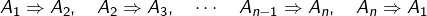 \[A_{1}\Rightarrow A_{2},\quad A_{2}\Rightarrow A_{3},\quad\cdots\quad A_{n-1}\Rightarrow A_{n},\quad A_{n}\Rightarrow A_{1}\]