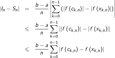 \begin{eqnarray*}\left|I_{n}-S_{n}\right| & = & \frac{b-a}{n}\left|\sum_{k=0}^{n-1}\left(\left|f\left(c_{k,n}\right)\right|-\left|f\left(x_{k,n}\right)\right|\right)\right|\\& \leqslant & \frac{b-a}{n}\sum_{k=0}^{n-1}\left|\left|f\left(c_{k,n}\right)\right|-\left|f\left(x_{k,n}\right)\right|\right|\\& \leqslant & \frac{b-a}{n}\sum_{k=0}^{n-1}\left|f\left(c_{k,n}\right)-f\left(x_{k,n}\right)\right|\end{eqnarray*}